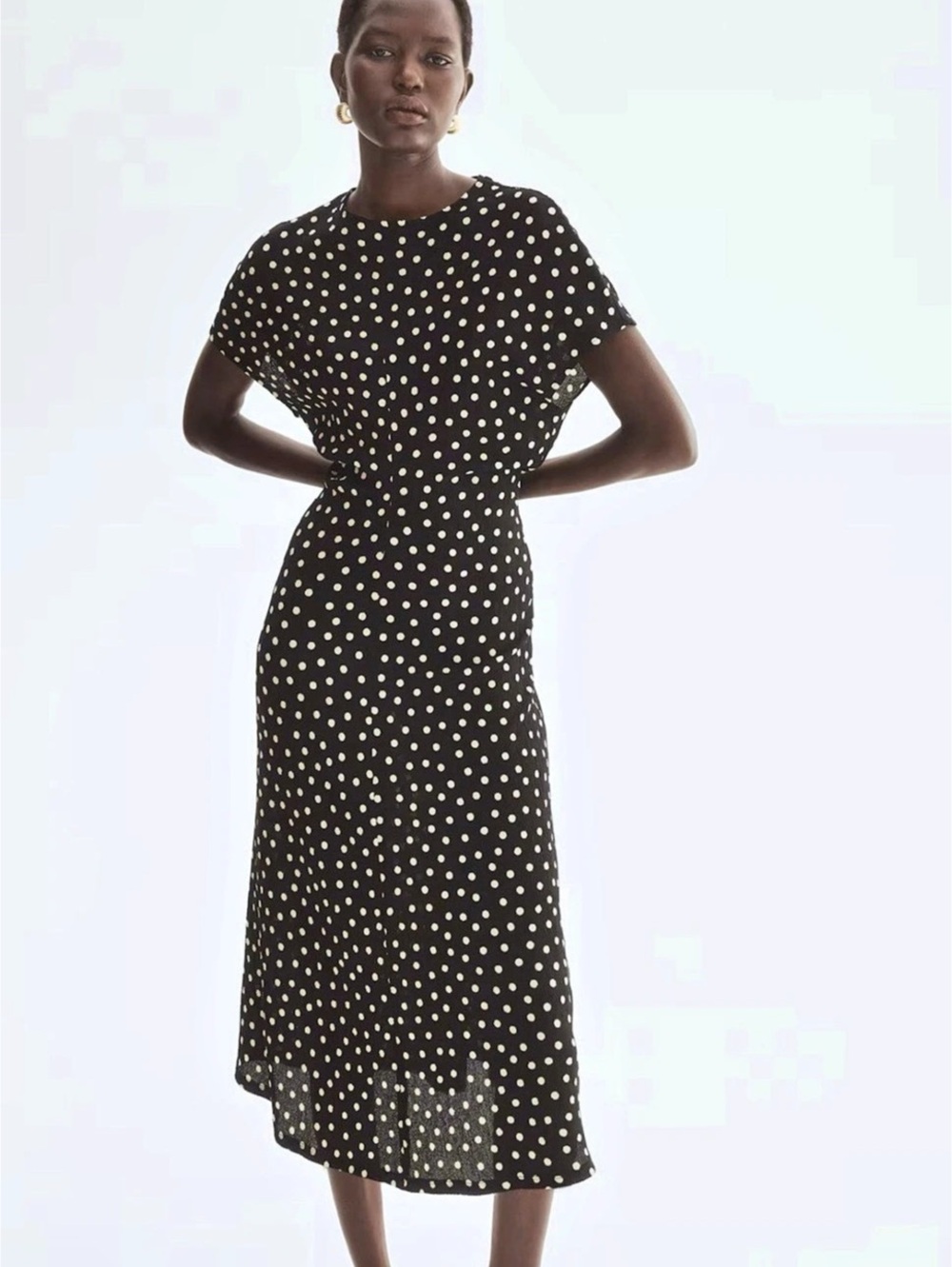 H&M Textured Jersey Dress Polka Dot Midi Black & White Medium